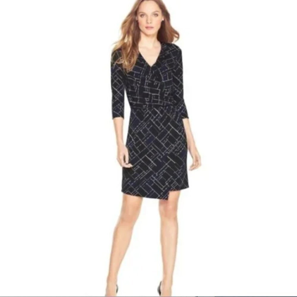 White House Black Market Surplice Rendition Print Faux Wrap Dress‎ Sz L 137G